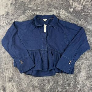 Pilcro Dark Blue Denim Wash Peplum Long Sleeve Blouse Cropped Women's L NWT